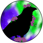 A crow silhouette on a green and purple galaxy background and framed with patches of painted pink roses.