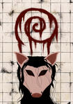 A digital rendition of a physical painting of mine which features a dirty, tiled wall with a red spiral painted on it. Below the spiral is a pig head mask with black hair and a sewn shut mouth.