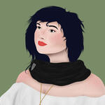 A pale girl with black hair, a black scarf, gray eyes, and a white off-shoulder top. A gold chain hangs from her neck and a silver shield pin is on the scarf.