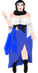 A girl with black hair, mismatched eyes, and a white top, blue skirt, black belts, black scarf, and boots. There is a watch around her neck and a silver shield pin on the scarf. A blue scarf and stained handkerchief hang from the belt.