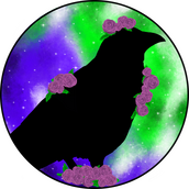 kill.the.lights icon portraying a crow silhouette against a purple and green galaxy background with patches of pink roses.